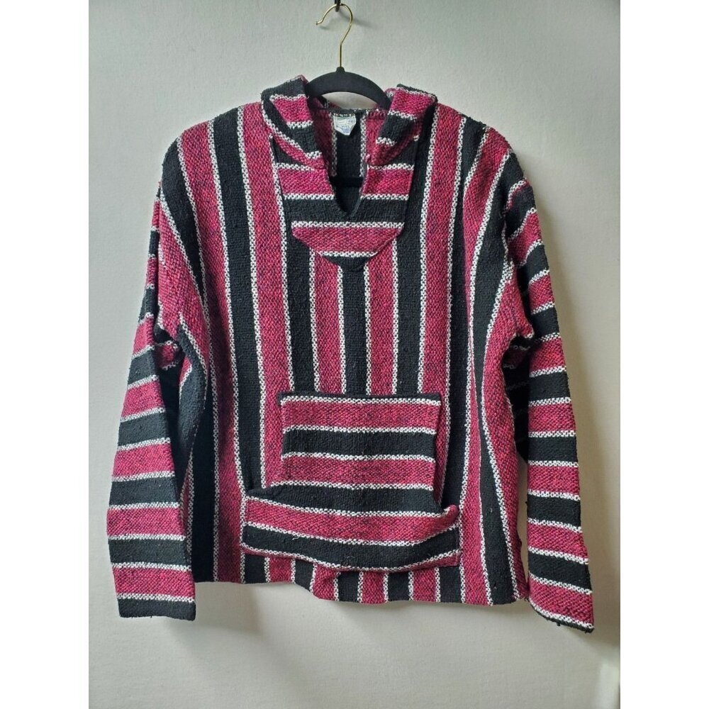 Mexican Poncho Baja Hoodie Surfer Rug Pullover Black & Pink Unisex Medium Sz 1